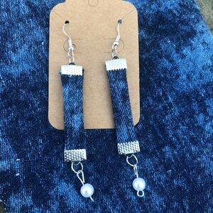 Denim Ribbon Pearl Drop Earrings - Blue